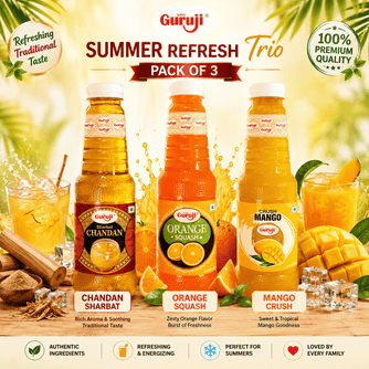 Guruji Summer Refresh Trio | Pack of 3 (1L Each) | Chandan, Orange Squash & Mango Crush