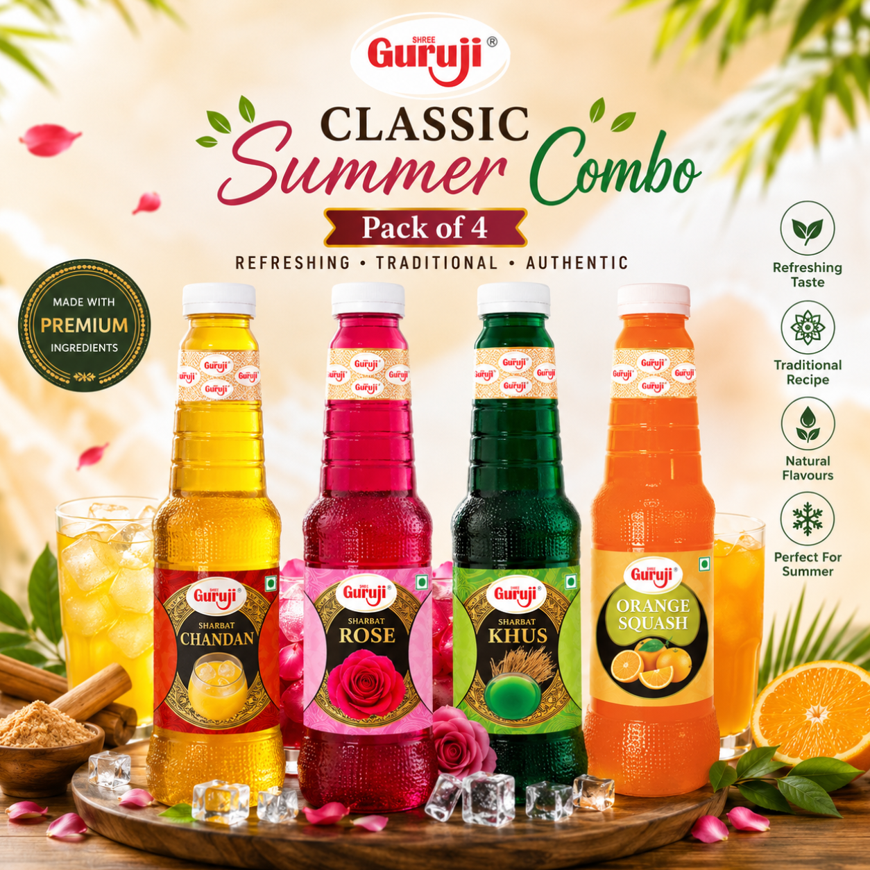 Guruji Classic Summer Delight | Pack of 4 (1L Each) | Chandan, Rose, Khus & Orange Squash