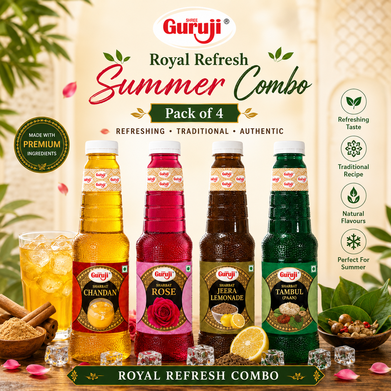 Guruji Royal Refresh Pack | Pack of 4 (1L Each) | Chandan, Rose, Jeera Lemonade & Tambul Paan