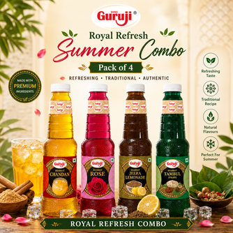 Guruji Royal Refresh Pack | Pack of 4 (1L Each) | Chandan, Rose, Jeera Lemonade & Tambul Paan