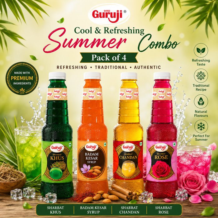 Guruji Cool Refresh Pack | Pack of 4 (1L Each) | Khus, Badam Kesar, Chandan & Rose