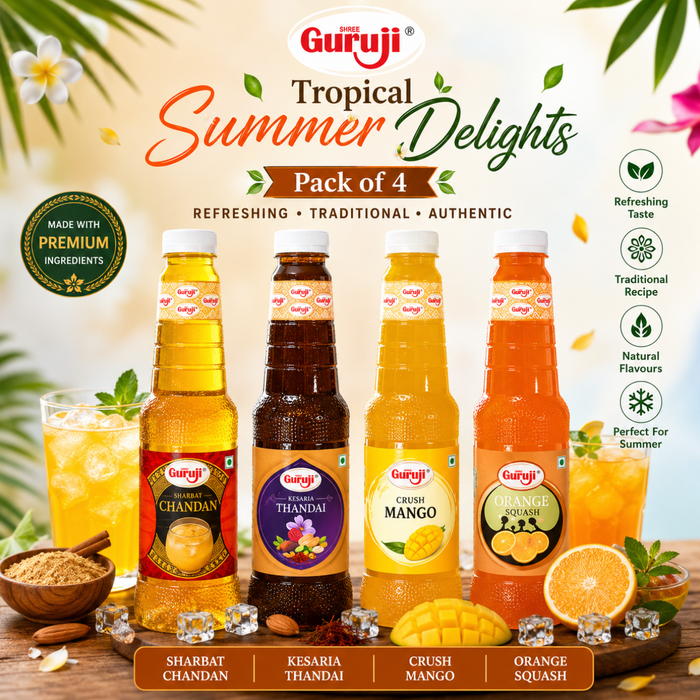 Guruji Tropical Delights Pack | Pack of 4 (1L Each) | Chandan, Kesaria Thandai, Mango Crush & Orange Squash