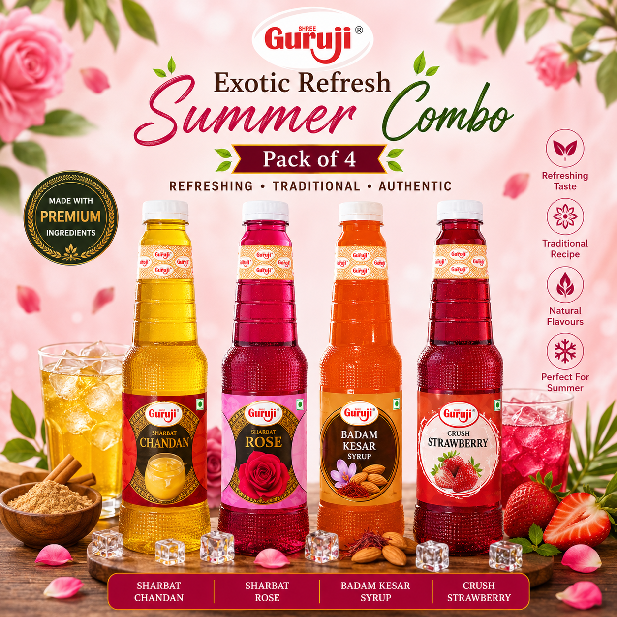 Guruji Exotic Refresh Pack | Pack of 4 (1L Each) | Chandan, Rose, Badam Kesar & Strawberry Crush