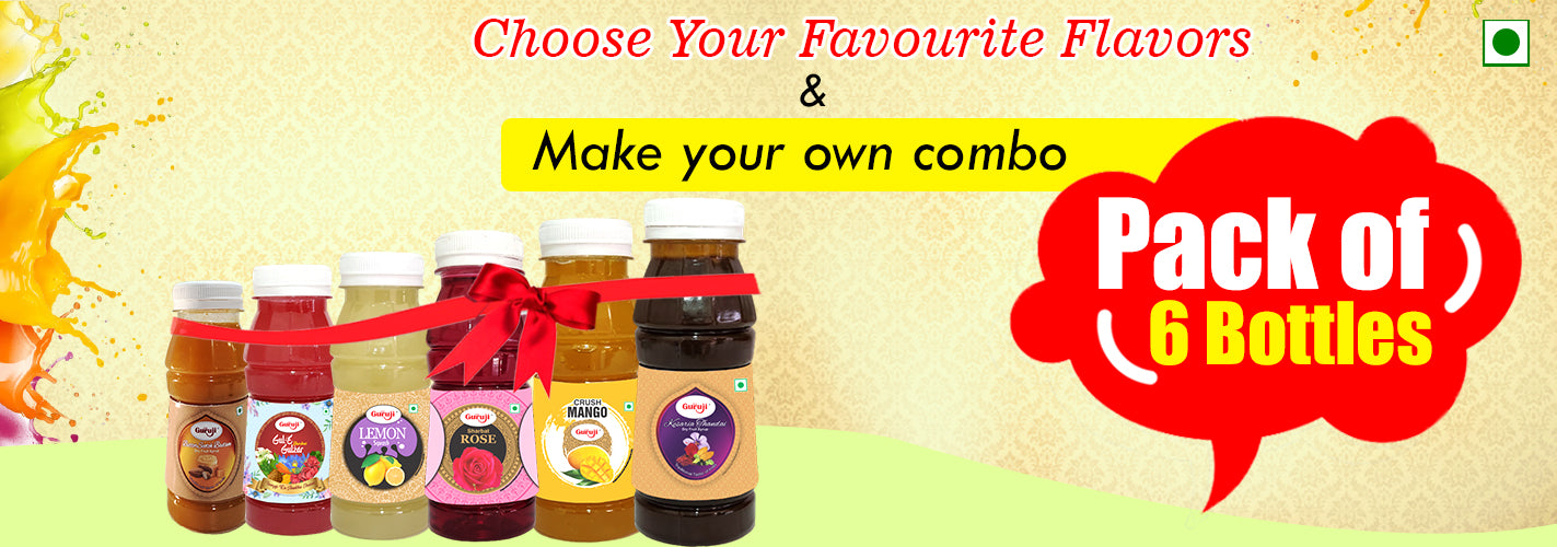 Shree Guruji combo pack, choose your favorite 6 flavors of squash, crush, thandai, sharbat, and more