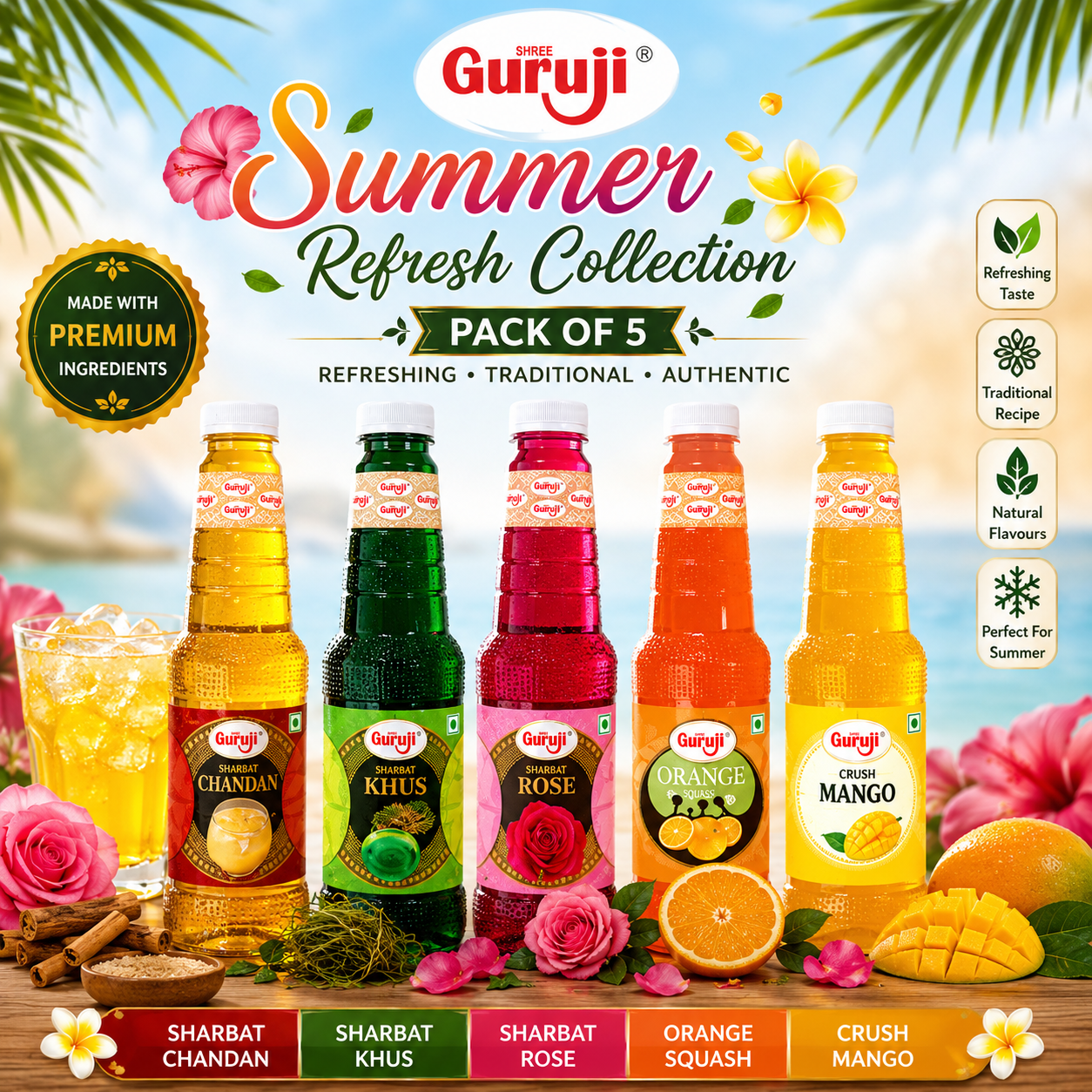Guruji Summer Refresh Pack | Pack of 5 (1L Each) | Chandan, Khus, Rose, Orange Squash & Mango Crush