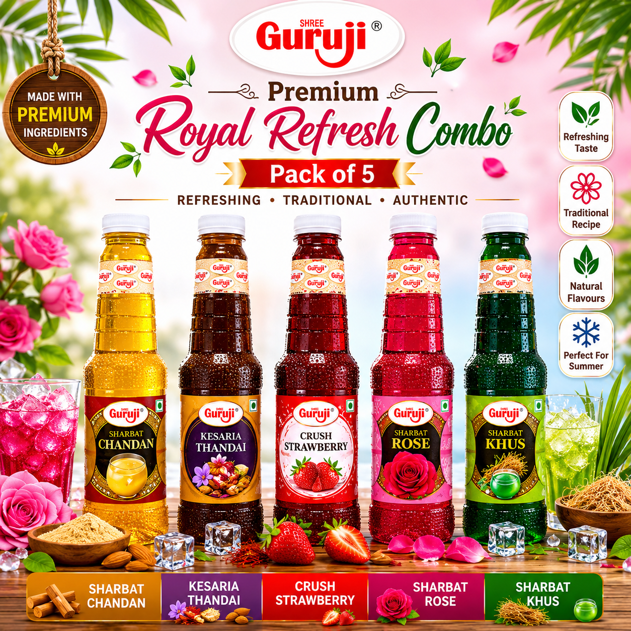 Guruji Royal Refresh Pack | Pack of 5 (1L Each) | Chandan, Kesaria Thandai, Strawberry, Rose & Khus