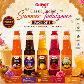 Guruji Royal Summer Collection | Pack of 5 (1L Each) | Badam Kesar, Kesaria Thandai, Chandan, Rose & Orange Squash