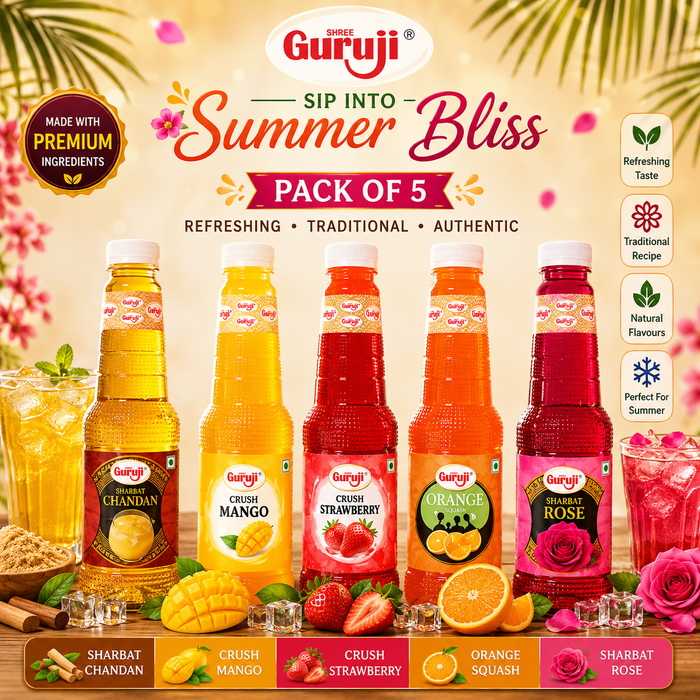 Guruji Summer Bliss | Pack of 5 (1L Each) | Chandan, Mango, Strawberry, Orange & Rose