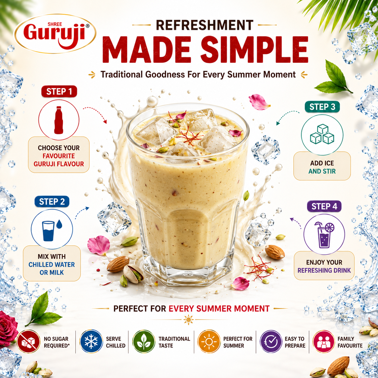 Guruji Exotic Refresh Pack | Pack of 4 (1L Each) | Chandan, Rose, Badam Kesar & Strawberry Crush