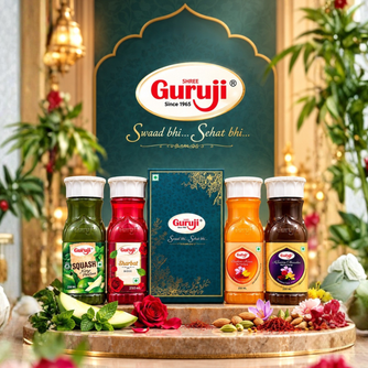 Guruji assorted sharbat and squash gift pack with four 250ml bottles and decorative gift box