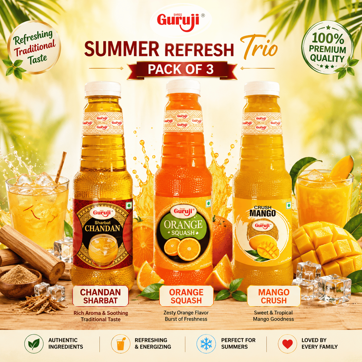Guruji Summer Refresh Trio | Pack of 3 (1L Each) | Chandan, Orange Squash & Mango Crush