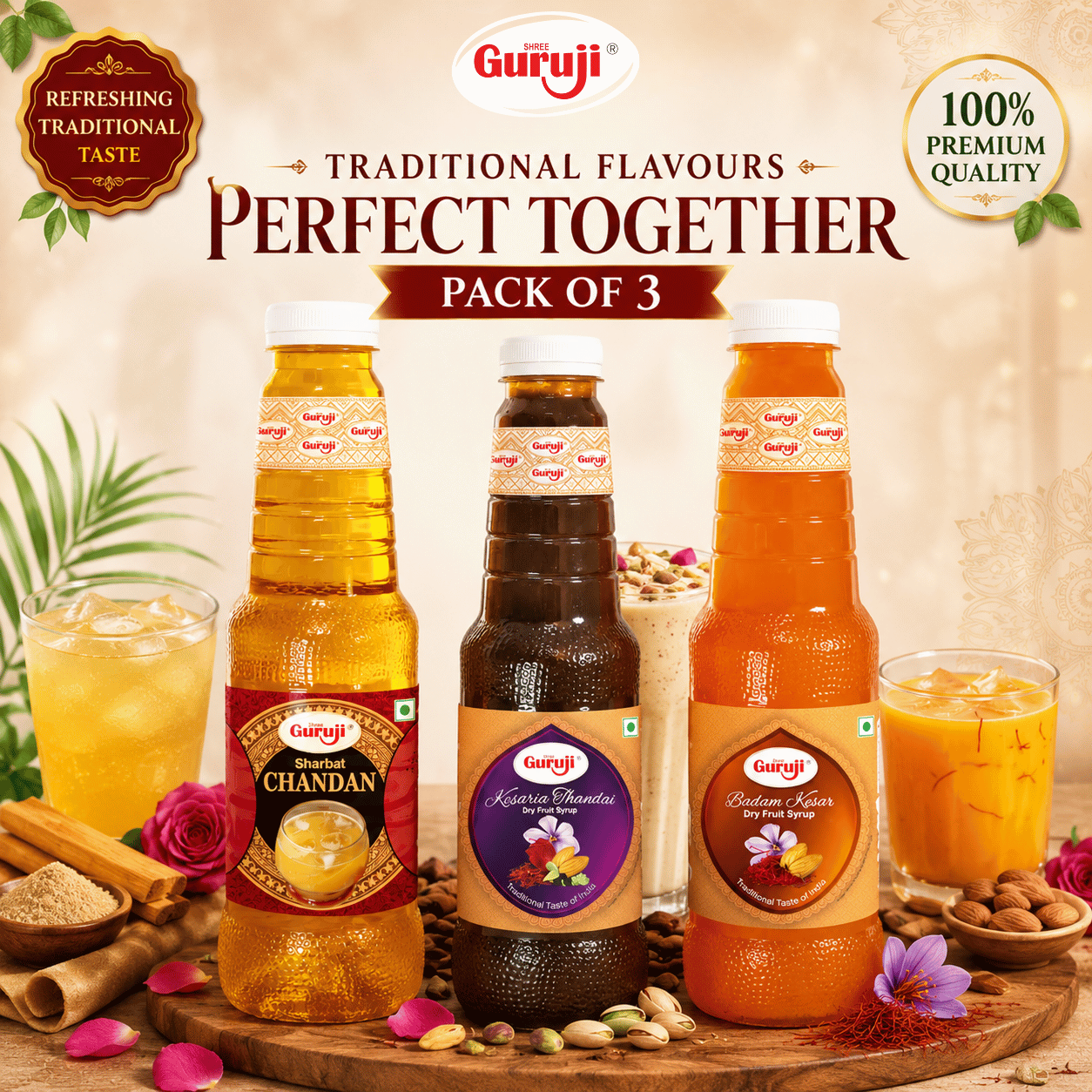 Guruji Traditional Flavours Trio | Pack of 3 (1L Each) | Chandan, Kesaria Thandai & Badam Kesar