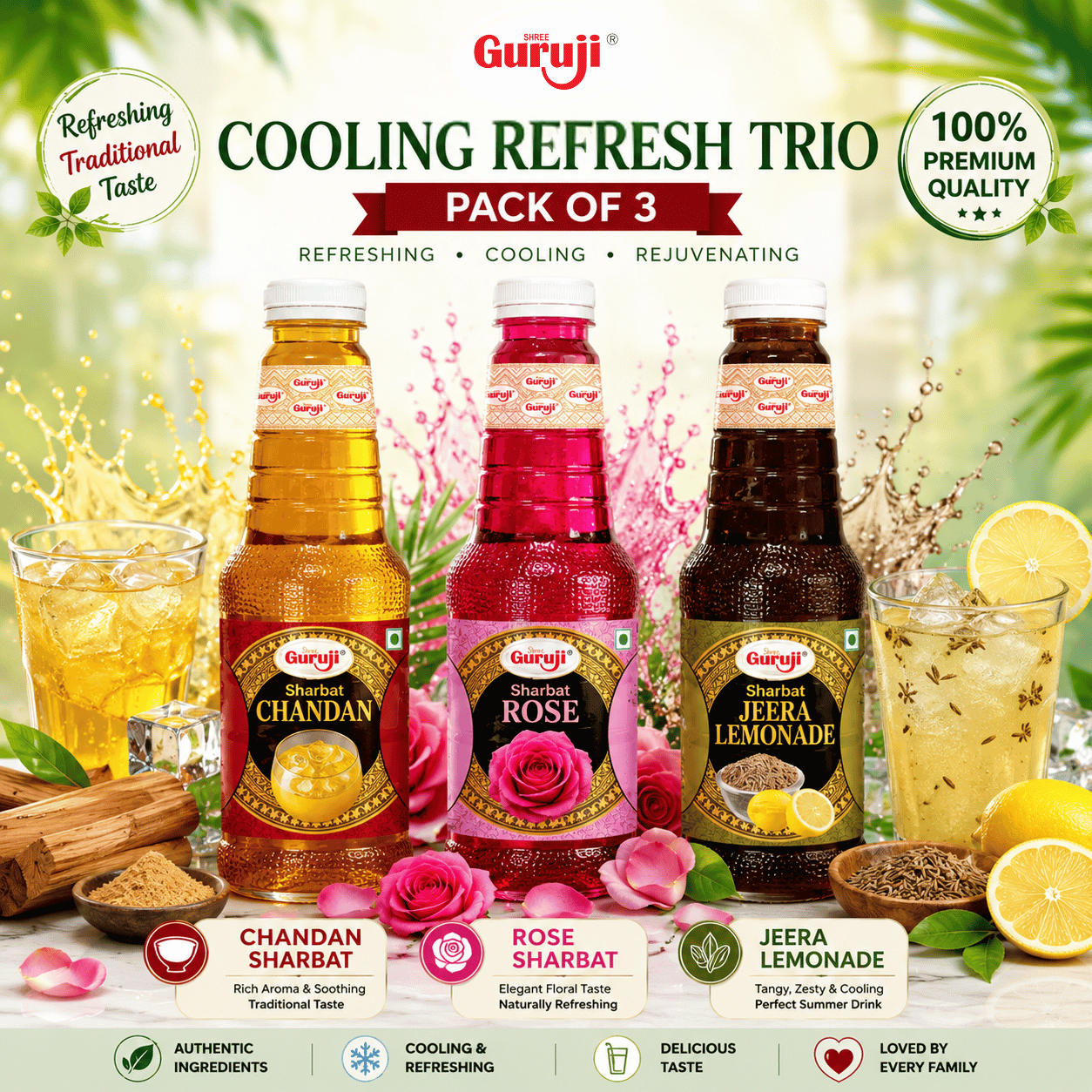 Guruji Cooling Refresh Trio | Pack of 3 (1L Each) | Chandan, Rose & Jeera Lemonade