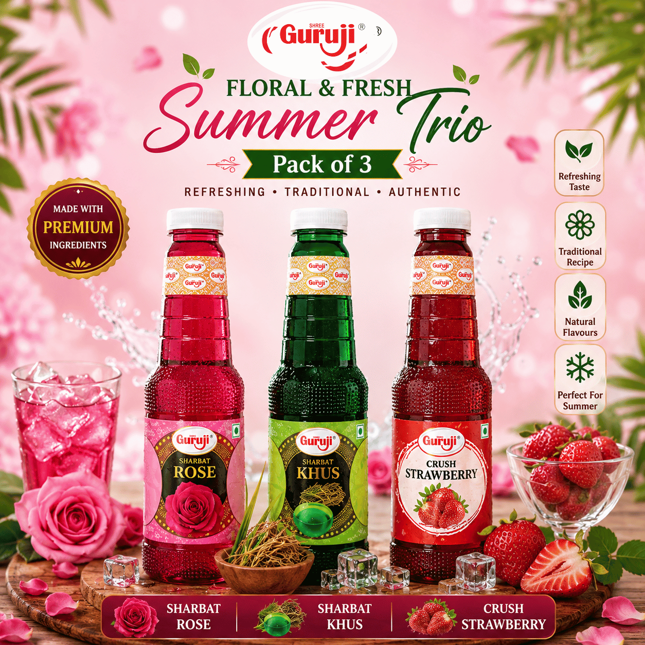 Guruji Floral & Fresh Summer Trio | Pack of 3 (1L Each) | Rose, Khus & Strawberry Crush